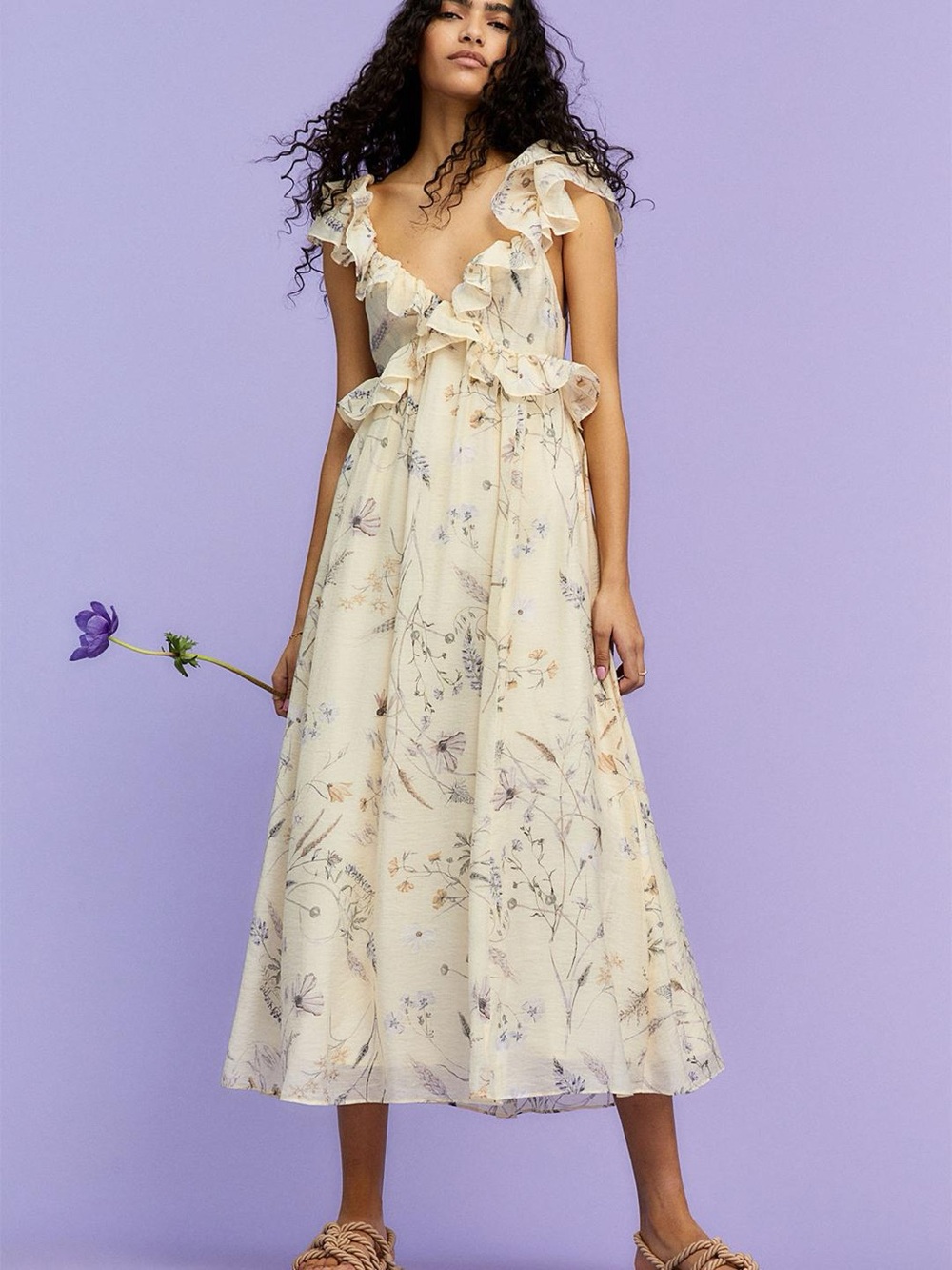 Floral Ruffle V-Neck Midi Dress in Cream H&M size Large